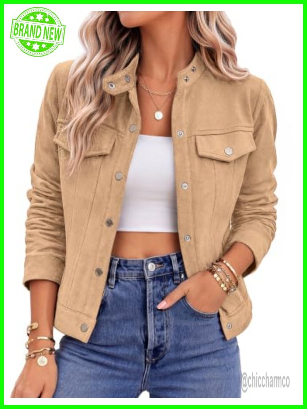 Faux Suede Cropped Jacket Snap Button Casual Women's Fall Shacket